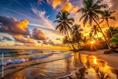 Serene Sunset Beach: Palm Trees, Gentle Waves, Tropical Paradise