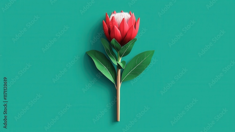 Fototapeta premium Stunning Protea Flower in Vibrant Red and Green Hues on Minimalist Background