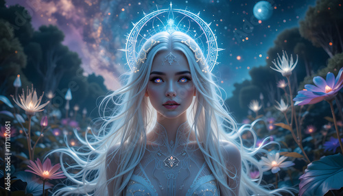 Fairytale ethereal woman in glowing fantasy forest.