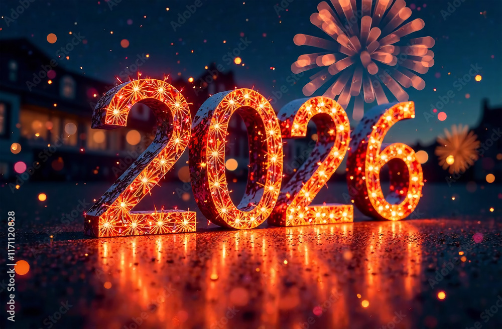 Happy New Year 2026. Glowing numbers 2026 and fireworks on dark background. Happy New Year 2026. Glowing numbers 2026 and fireworks on dark background.
