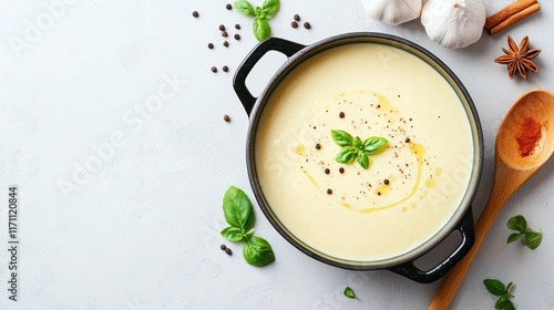 Fototapeta Naklejka Na Ścianę i Meble -  Creamy Soup in Black Pot Surrounded by Fresh Herbs and Spices on Light Background