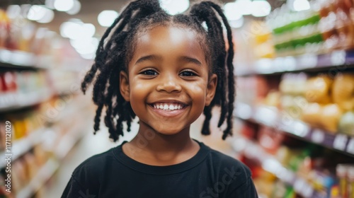Cheerful young girl with braided hair smiling in a colorful grocery store aisle filled with various food products and vibrant packaging, embodying joy and curiosity in everyday life.