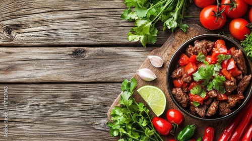 Wallpaper Mural Fresh Beef Stir Fry with Colorful Vegetables and Herbs on Rustic Wooden Table Surface Torontodigital.ca