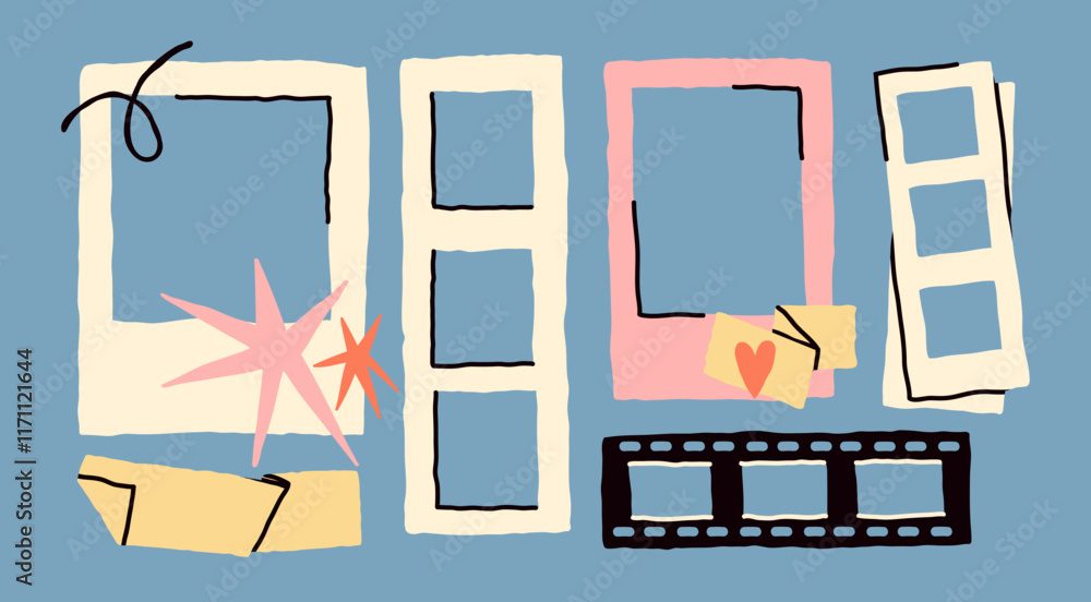 Photo frame, film frame set. Various shapes, retro style. Hand drawn modern Vector illustration. Lifestyle, decoration, mood board concept. Isolated design elements