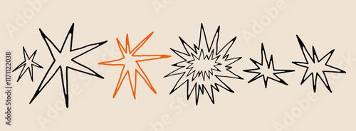 Abstract quirky outline Stars. Different unique shapes, doodles. Contemporary trendy style. Hand drawn modern Vector illustration. All elements are isolated