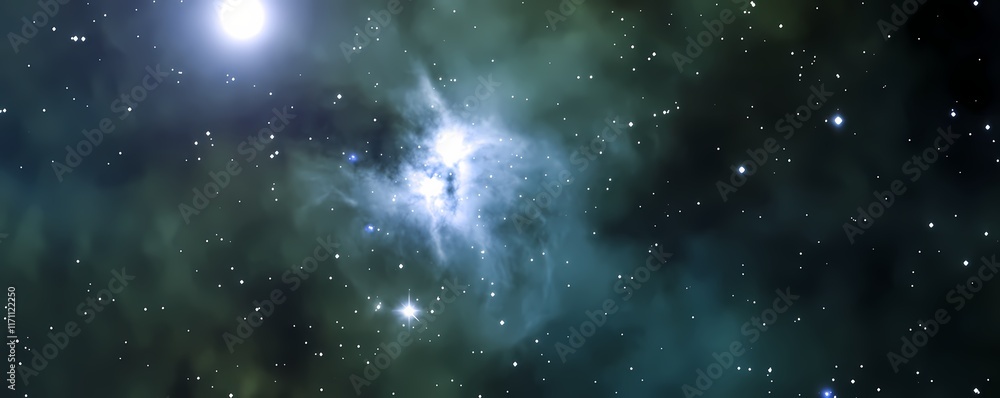 Interstellar Gas Clouds with Hues of Blue and Green Surrounding Stars Interstellar Gas Clouds with Hues of Blue and Green Surrounding Stars