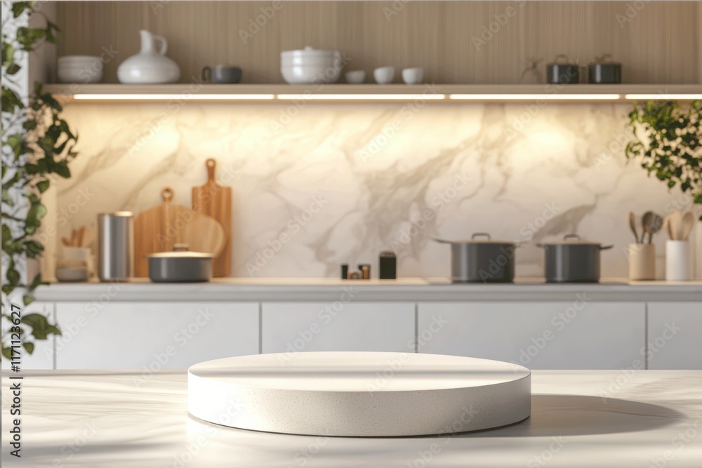 Small, round product podium in the foreground with a modern kitchen setup in the background, ideal for clean and minimalistic product displays. Small, round product podium in the foreground with a modern kitchen setup in the background, ideal for clean and minimalistic product displays.