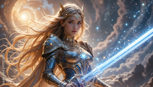 Fairytale warrior woman with glowing sword.