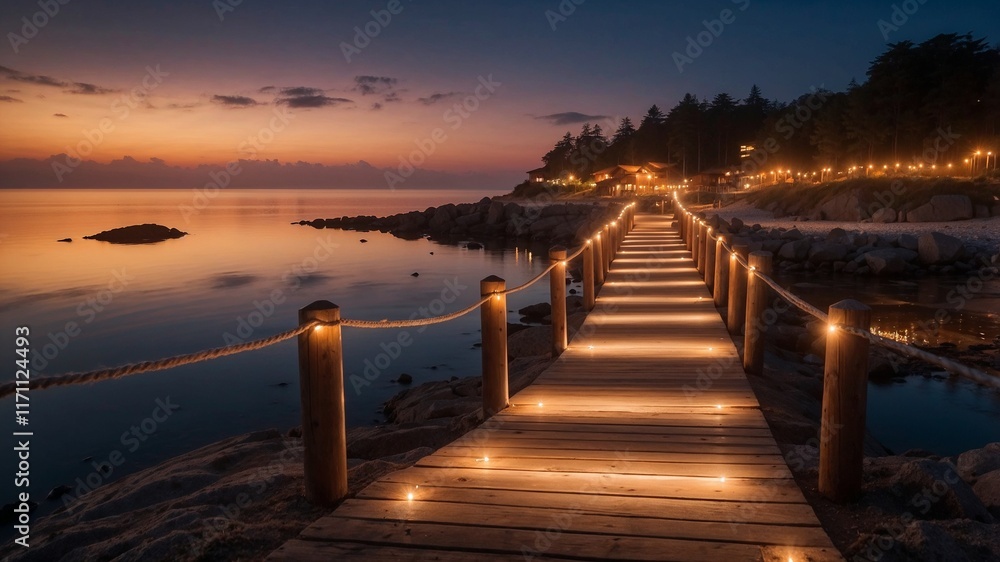 Obraz premium Illuminated boardwalk leading to a tranquil seaside retreat at sunset. Perfect for relaxation and escape.