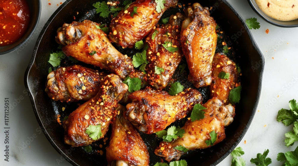Fototapeta premium Crispy Spicy Chicken Wings Garnished with Fresh Herbs and Sauces