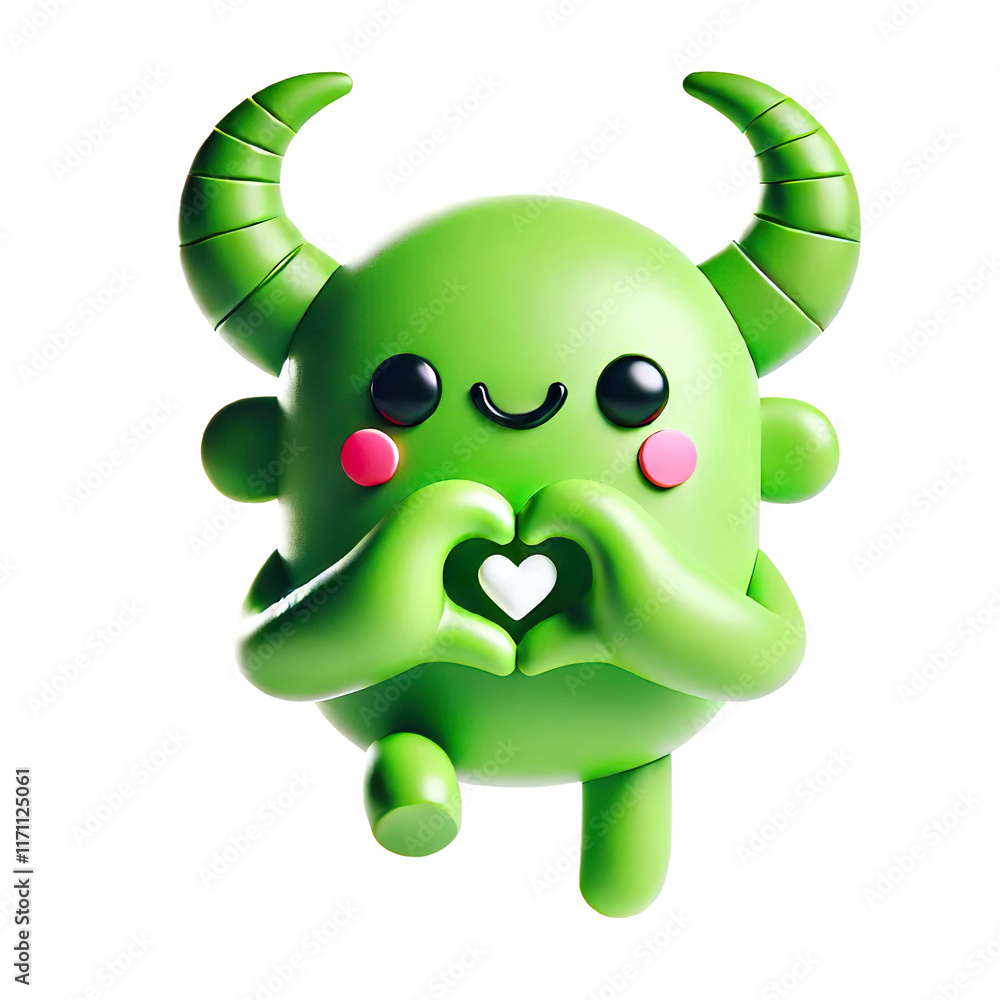 super cute kawaii little 3d green monster with horns doing a heart pose, minimalist, white background isolated PNG super cute kawaii little 3d green monster with horns doing a heart pose, minimalist, white background isolated PNG