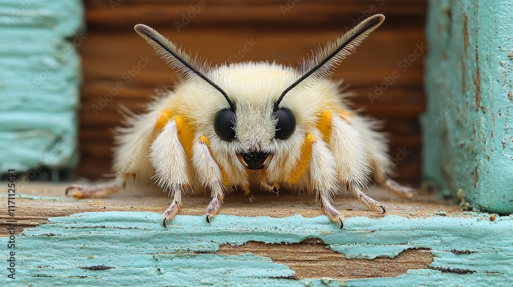 Close-up of a fluffy white moth with orange accents perched on weathered teal wood. Close-up of a fluffy white moth with orange accents perched on weathered teal wood.