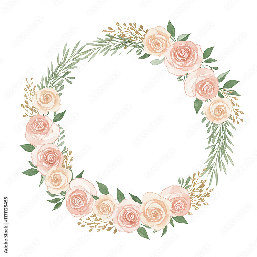 Fototapeta premium Watercolor Floral Wreath Peach Roses Greenery Gold Wedding Invitation Frame Border Elegant Romantic