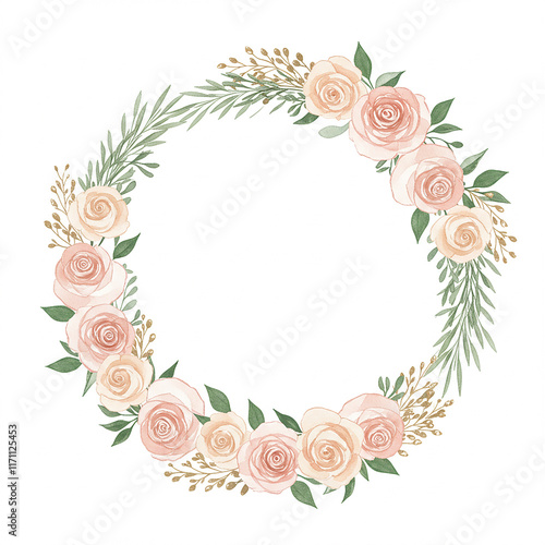Watercolor Floral Wreath Peach Roses Greenery Gold Wedding Invitation Frame Border Elegant Romantic