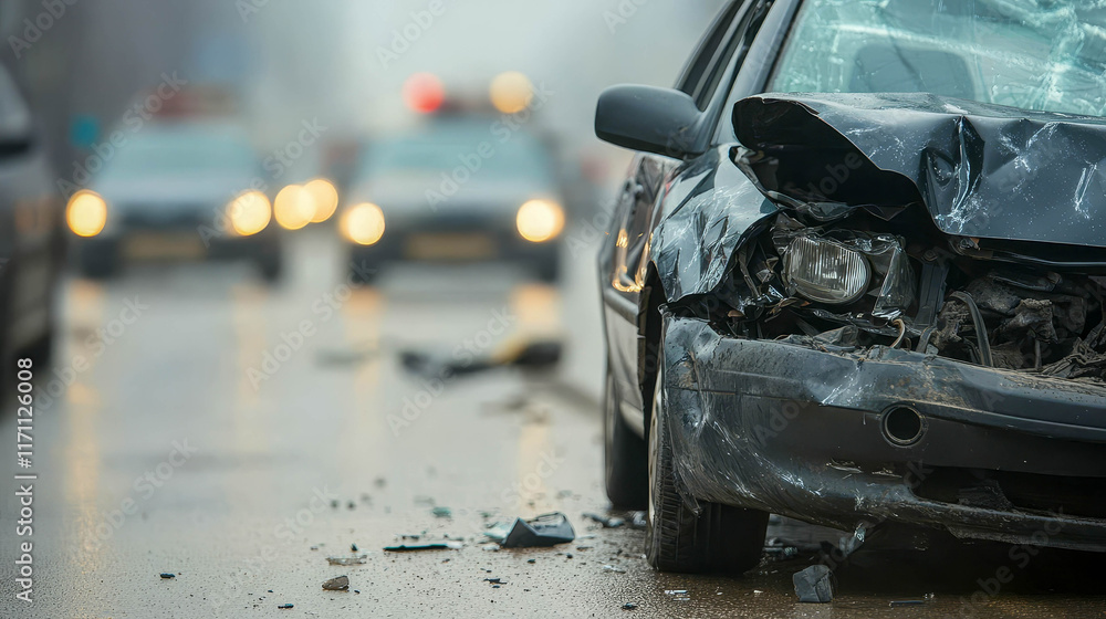 A seriously damaged dark gray or black car after a traffic accident. Debris is visible on the road, the consequences of a serious accident. A seriously damaged dark gray or black car after a traffic accident. Debris is visible on the road, the consequences of a serious accident.