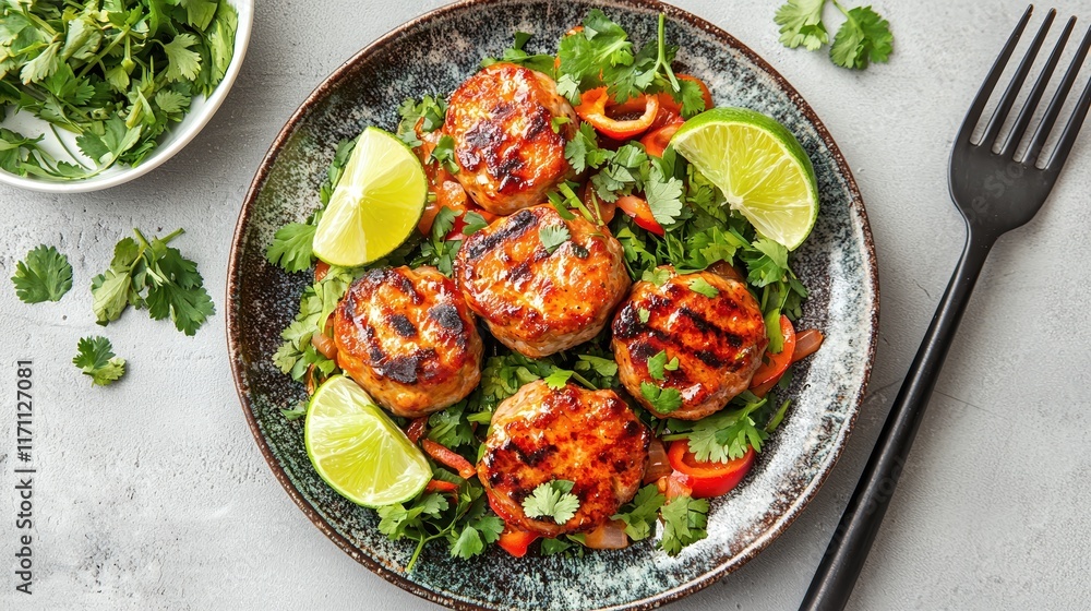 Grilled Chicken Patties with Fresh Herbs, Lime, and Colorful Vegetables on a Rustic Plate Grilled Chicken Patties with Fresh Herbs, Lime, and Colorful Vegetables on a Rustic Plate