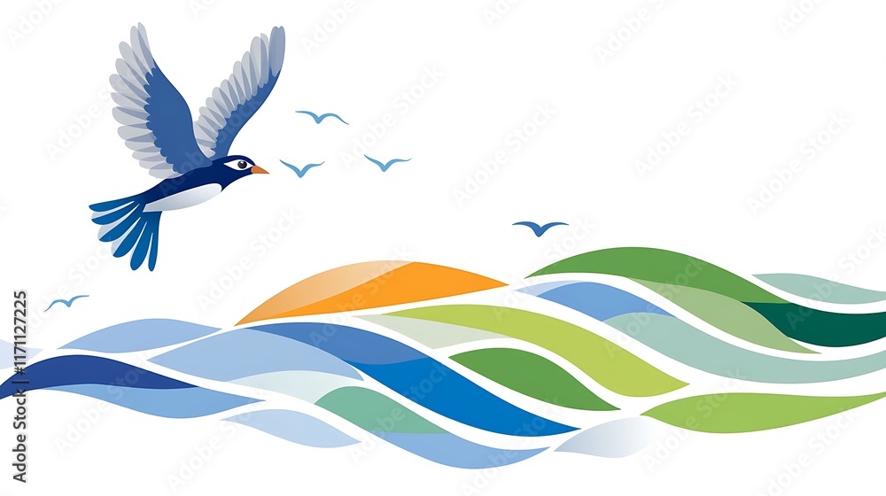Bird Flying Over Colorful Waves and Sunset Bird Flying Over Colorful Waves and Sunset
