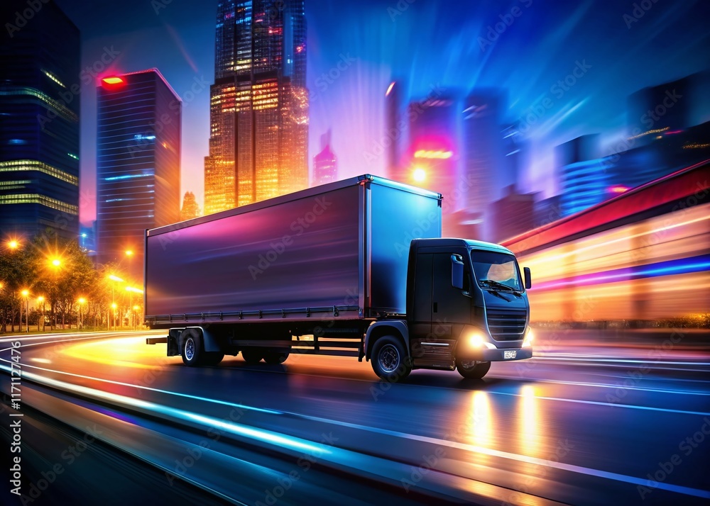 Silhouette of Fast Delivery Truck, Neon Cityscape, Night Cargo Transport Silhouette of Fast Delivery Truck, Neon Cityscape, Night Cargo Transport