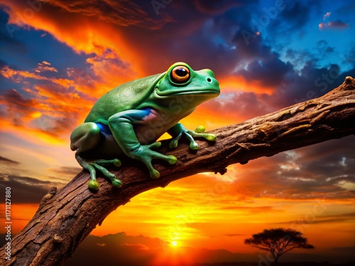 Silhouette of Giant Waxy Monkey Tree Frog at Sunset - Amphibian Wildlife Stock Photo photo