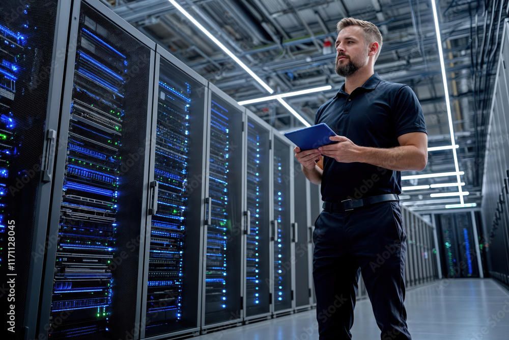 Fototapeta premium It technician monitoring server status in data center with tablet