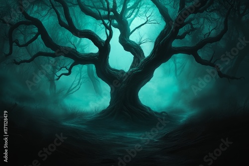 A dark and gothic jungle with twisted vines, shadowy creatures, and an eerie glowing fog enveloping the scene photo