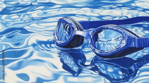 Blue swimming goggles resting on rippling water.