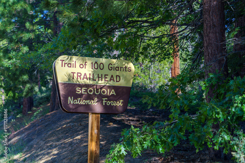 Wooden sign for Trail of 100 Giants trail path in Sequoia National Forest