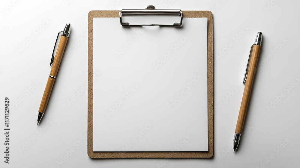 Blank clipboard, two pens, white background, office use. Blank clipboard, two pens, white background, office use.