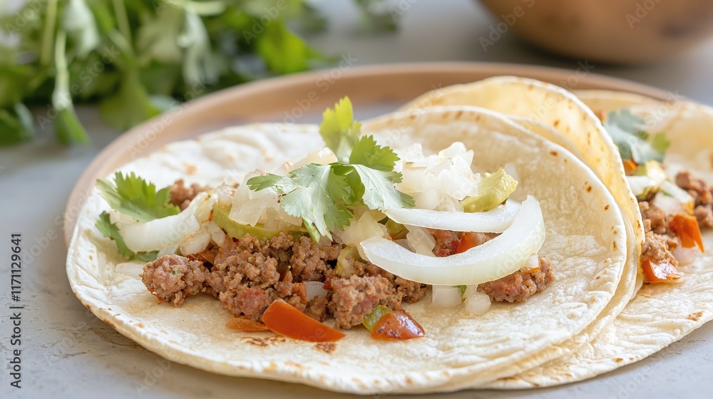 Delicious Tacos with Fresh Ingredients on a Plate Surrounded by Herbs and Vegetables Delicious Tacos with Fresh Ingredients on a Plate Surrounded by Herbs and Vegetables