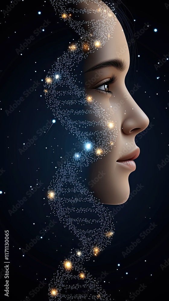 Abstract human silhouette showcases digital DNA patterns, symbolizing medical science advancement in a vibrant blue setting Abstract human silhouette showcases digital DNA patterns, symbolizing medical science advancement in a vibrant blue setting