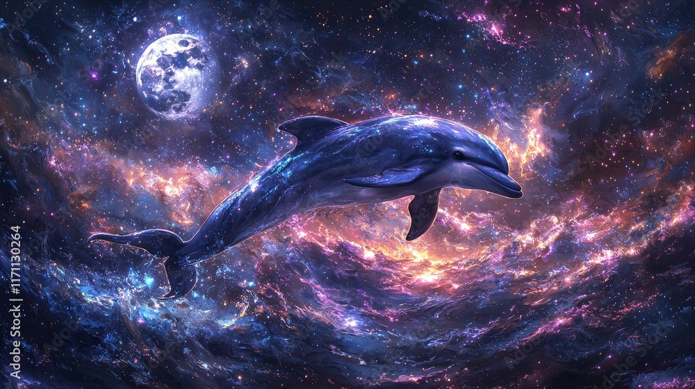Fototapeta Surreal cosmic dolphin swimming through a vibrant galaxy symbolizing imagination, freedom, and exploration in a mystical universe