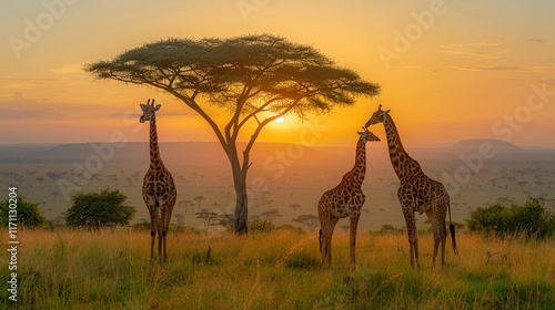 Tall beautiful giraffe walking in African savannah at sunset. Saving giraffes in the wild in savannah.