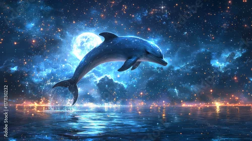 Fototapeta Surreal cosmic dolphin swimming through a vibrant galaxy symbolizing imagination, freedom, and exploration in a mystical universe