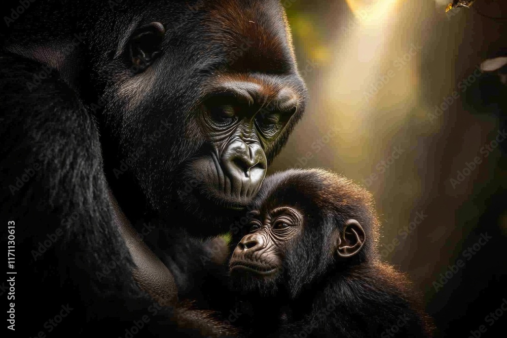 Obraz premium A family of gorillas sitting in a clearing, surrounded by dense jungle vegetation and shafts of sunlight