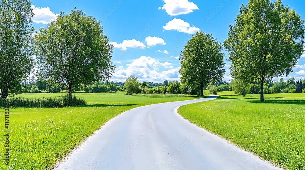 Sunny Country Road  Green Field  Summer Landscape