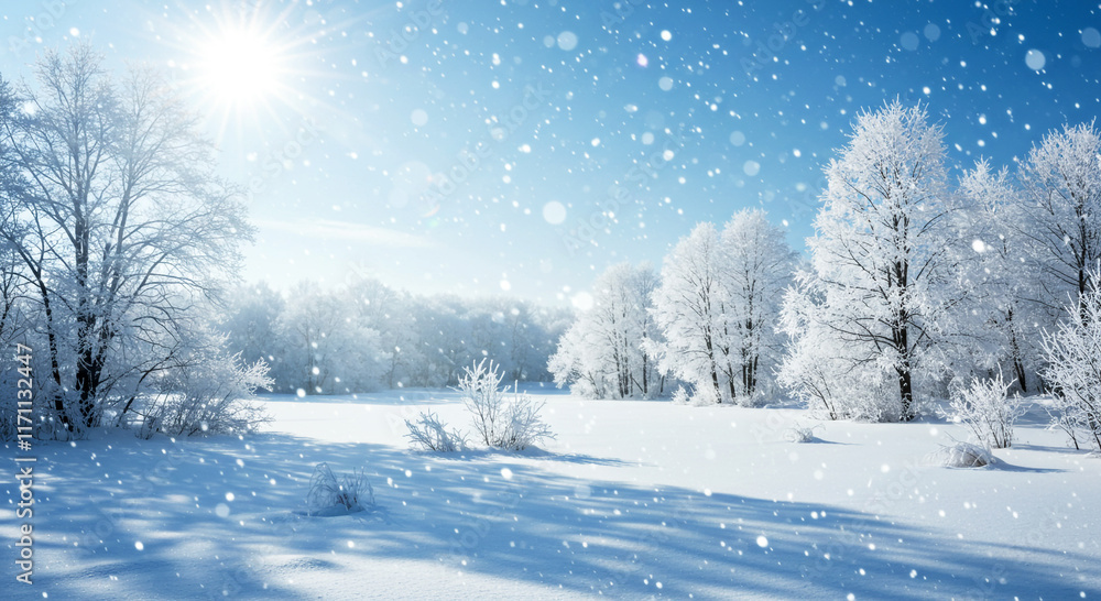 Beautiful Snowy Scene with Sunlit Frosty Trees and Falling Snow in a Tranquil Landscape