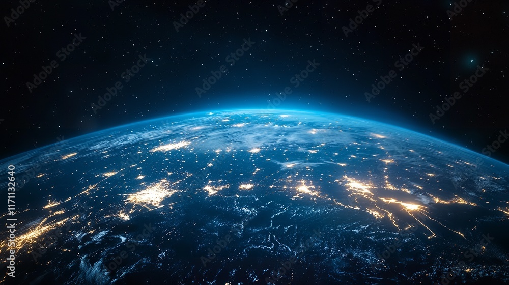 Fototapeta premium Stylized world map shows global communication network, with cities connected by lines in red, yellow, and orange on dark blue background. 