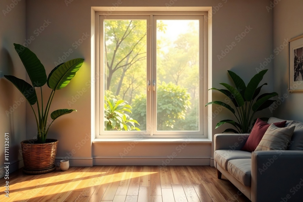 Fototapeta premium Soft morning light pours through the large window, soft illumination, window