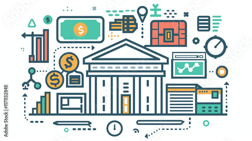Digital Banking and Financial Technology Concept. A person presents digital banking and financial technology icons, and currency symbols, emphasizing modern online payment systems and e-commerce.