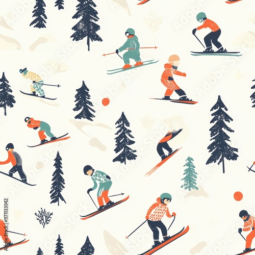 Repetitive seamless background of skier skiing for fabric design.