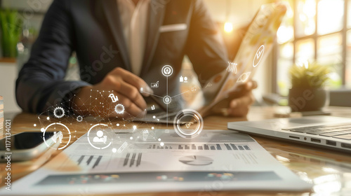 Payroll Management and Financial Processing System. Businessman works on payroll management with icons for payment, employee salaries, scheduling, analysis finance, and efficient payroll operations. 