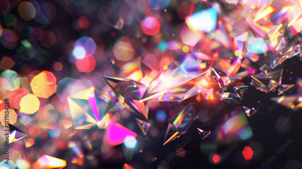 Prism light reflections on black background. Blurred geometric shapes, soft gradients, ethereal visual overlay effect. Glowing colorful lights and bokeh lens flare, refraction of sunlight prism effect Prism light reflections on black background. Blurred geometric shapes, soft gradients, ethereal visual overlay effect. Glowing colorful lights and bokeh lens flare, refraction of sunlight prism effect