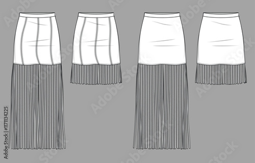 Vector mini skirt with tassel trim fashion CAD, summer woman slim fit skirt with fringe technical drawing, template, flat, sketch. Suede or woven fabric color block 2 pcs set skirt in white color