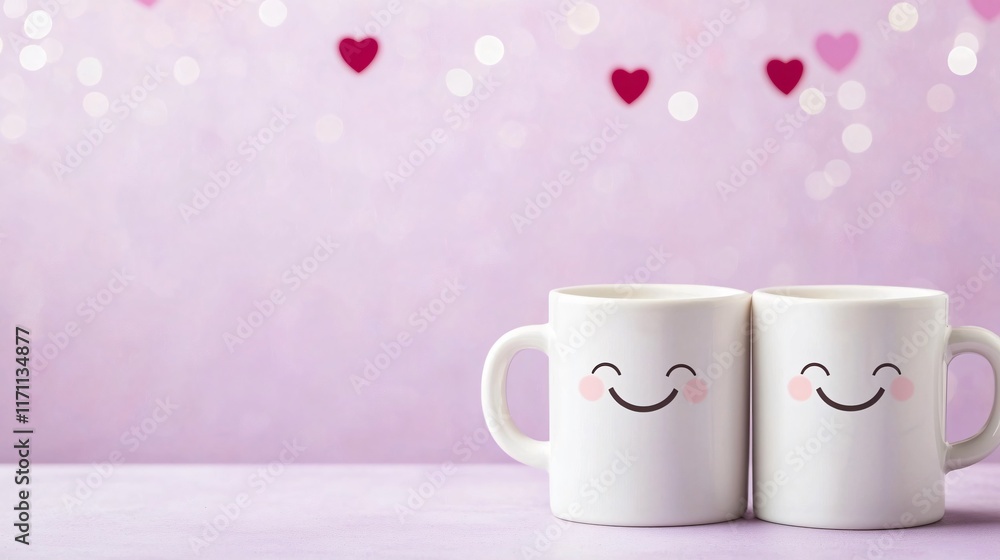 Pink valentine and cup lover. Two smiling mugs set against a pink background with heart decorations. Pink valentine and cup lover. Two smiling mugs set against a pink background with heart decorations.