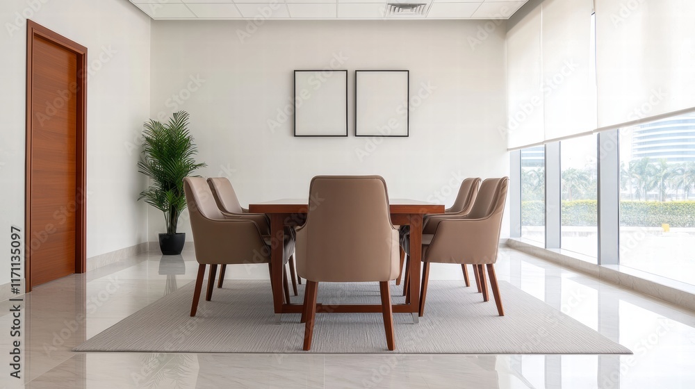 Fototapeta premium Modern office interior design featuring a spacious table and elegant chairs