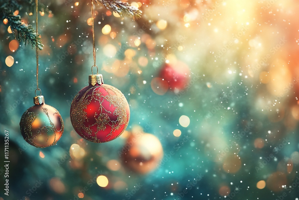 Christmas ornaments hanging on snowy fir tree with bokeh lights Christmas ornaments hanging on snowy fir tree with bokeh lights