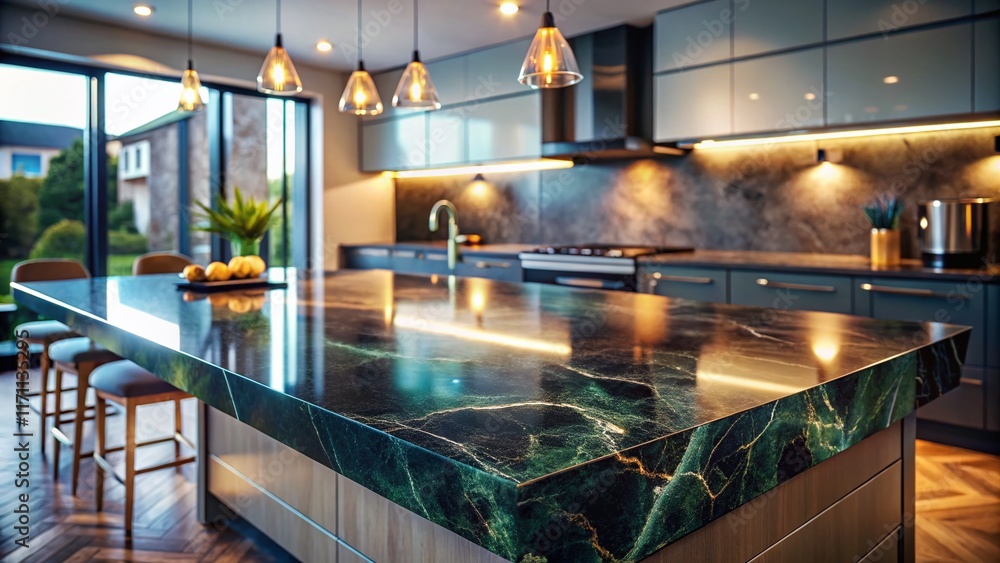 Sleek Dark Marble Kitchen Island Countertop - Modern Empty Surface Sleek Dark Marble Kitchen Island Countertop - Modern Empty Surface