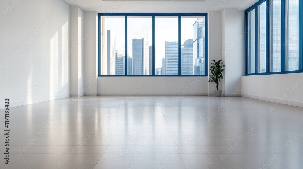 Fototapeta premium Sunlight streaming into empty modern office space with skyline view