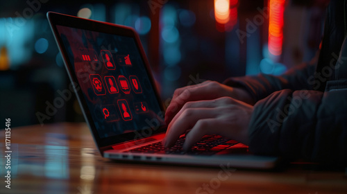 Scam Alert Warning with Cybersecurity Icons. A person using laptop, warning sign for scams with icons representing online threats, phishing, and cybersecurity. Unknown person, suspicious scammer, 