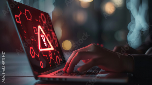 Scam Alert Warning with Cybersecurity Icons. A person using laptop, warning sign for scams with icons representing online threats, phishing, and cybersecurity. Unknown person, suspicious scammer, 